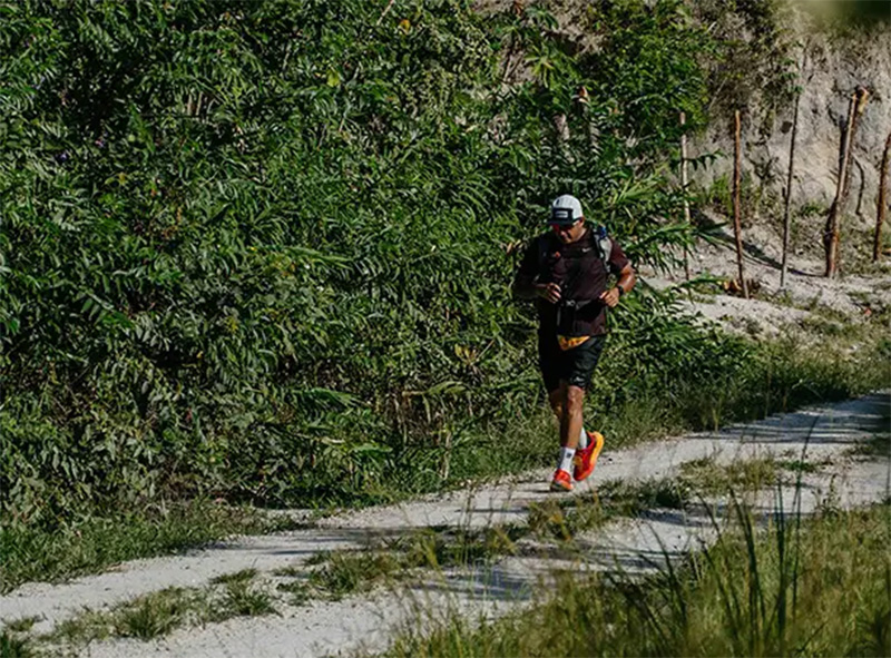 Runners climbing mountain trail
